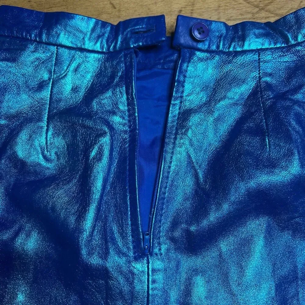 Michael Hoban x North Beach Leather Upcycled Metallic Blue Mini Pencil Skirt 3/4